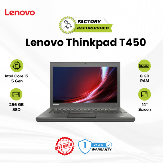 Picture of Lenovo ThinkPad T450 Core i5 5 Gen 8GB 256GB Refurbished A 1 Year