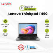 Picture of Lenovo ThinkPad T490 Notebook Core i5 8 Gen 8265U 16GB 512GB Touch Refurbished Pitch Black 14" 1 Year